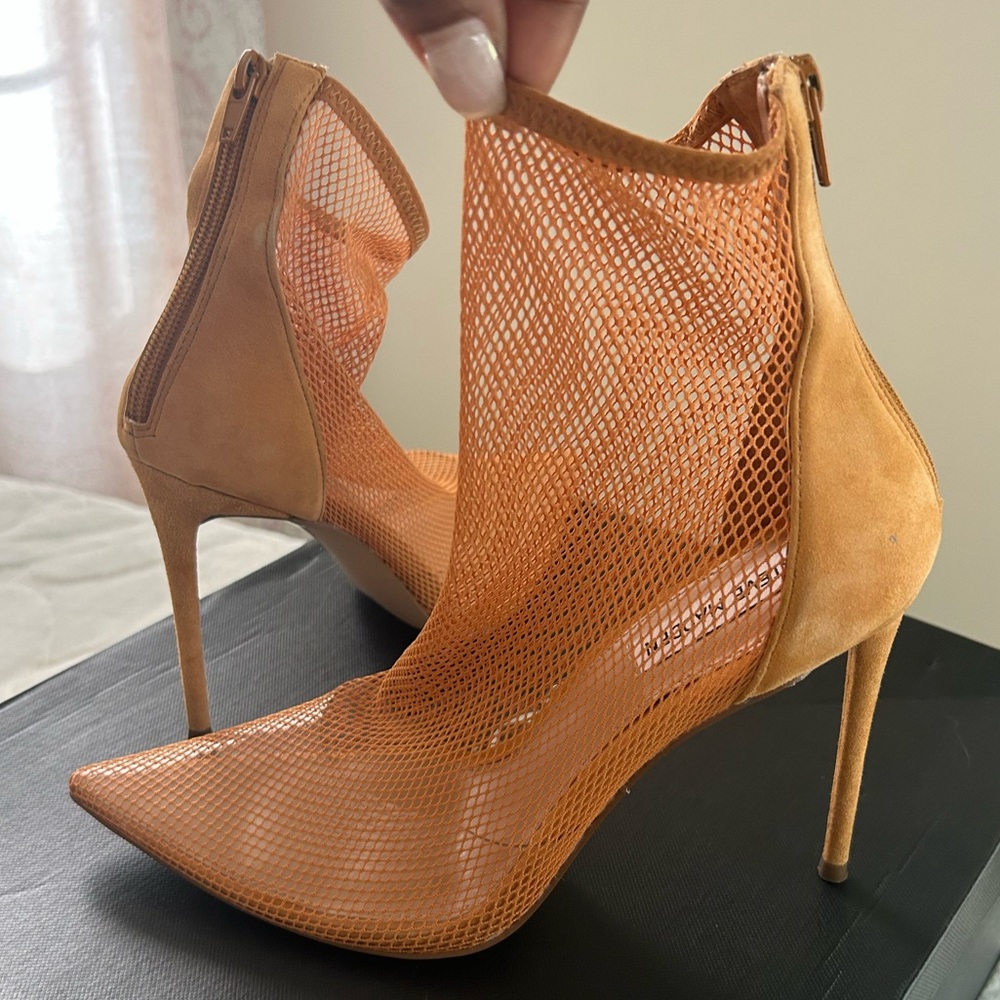 Womans Steve Madden orange Suede/fishnet booties.